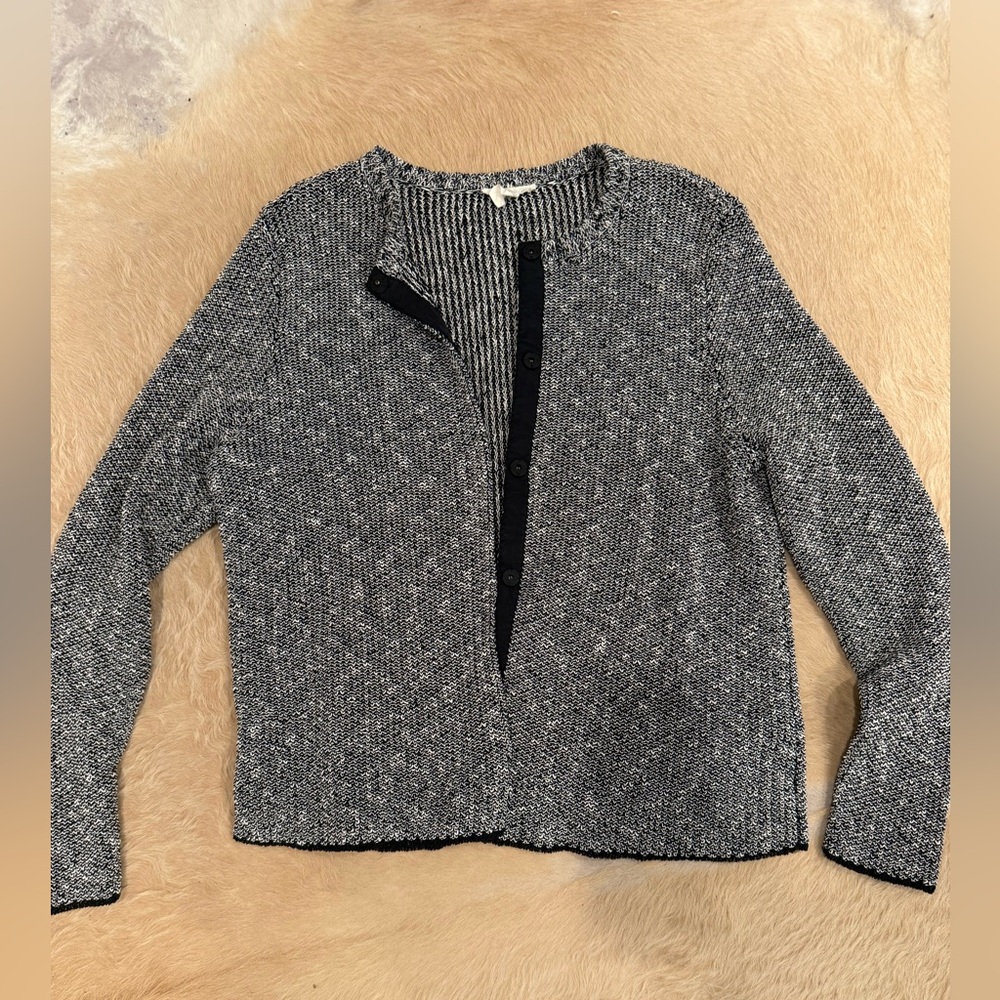 Eileen Fisher Black and White Marled snap-Front linen and cotton Cardigan